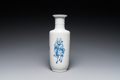 A Chinese blue and white 'Sanxing' rouleau vase, probably 19th C.
