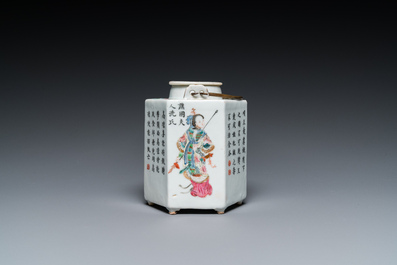 A Chinese hexagonal famille rose 'Wu Shuang Pu' teapot and cover, 19th C.