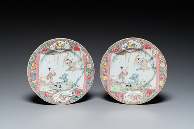 A pair of Chinese famille rose 'Xi Xiang Ji' plates, Yongzheng