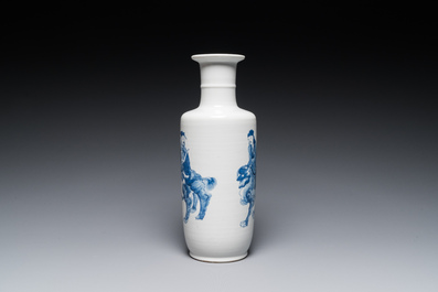 A Chinese blue and white 'Sanxing' rouleau vase, probably 19th C.