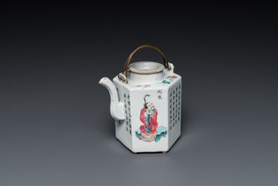 A Chinese hexagonal famille rose 'Wu Shuang Pu' teapot and cover, 19th C.
