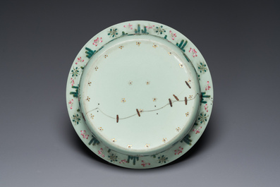 A Chinese famille rose celadon-ground 'carps' basin, 19th C.