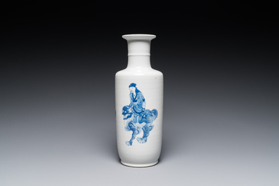 A Chinese blue and white 'Sanxing' rouleau vase, probably 19th C.