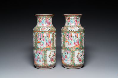 A pair of Chinese Canton famille rose vases and a pair of blue and white covered jars, 19th C.