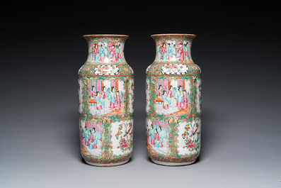 A pair of Chinese Canton famille rose vases and a pair of blue and white covered jars, 19th C.