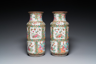 A pair of Chinese Canton famille rose vases and a pair of blue and white covered jars, 19th C.