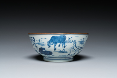 Bol en porcelaine de Chine en bleu et blanc &agrave; d&eacute;cor des 'Huit chevaux de Mu Wang', Kangxi