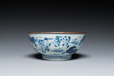 A Chinese blue and white 'Eight horses of Mu Wang' bowl, Kangxi