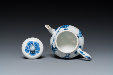 A Chinese blue and white 'Long Eliza' teapot and cover, Chenghua mark, Kangxi