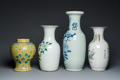 Four Chinese famille rose and celadon-ground vases, 19/20th C.