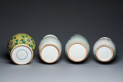 Four Chinese famille rose and celadon-ground vases, 19/20th C.