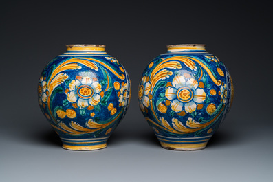 A pair of polychrome Italian maiolica drug jars in Venetian style, Southern Italy, late 16th C.