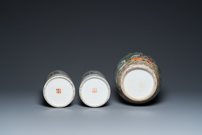 A pair of Chinese famille rose hat stands and a Canton famille rose vase, 19/20th C.