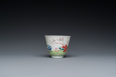 A large Chinese famille rose cup and saucer, Yongzheng