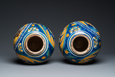 A pair of polychrome Italian maiolica drug jars in Venetian style, Southern Italy, late 16th C.