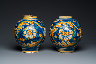 A pair of polychrome Italian maiolica drug jars in Venetian style, Southern Italy, late 16th C.