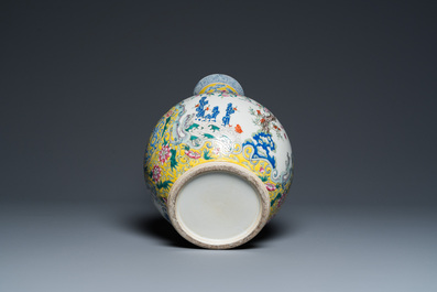 A Chinese yellow-ground famille rose 'nine peaches' bottle vase, Jiaqing