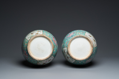 A pair of Chinese turquoise-ground famille rose vases, 19th C.