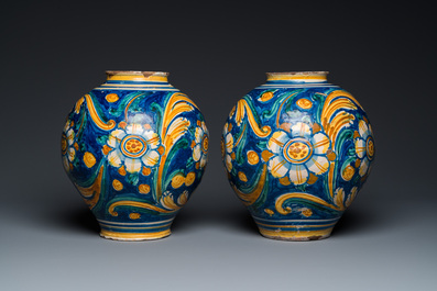 A pair of polychrome Italian maiolica drug jars in Venetian style, Southern Italy, late 16th C.