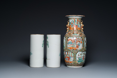 A pair of Chinese famille rose hat stands and a Canton famille rose vase, 19/20th C.