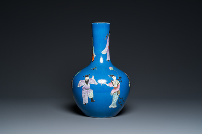 A Chinese blue-ground famille rose 'eight immortals' bottle vase, Qianlong mark, 19th C.