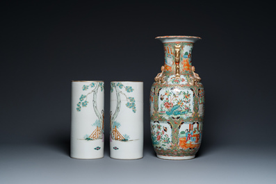 A pair of Chinese famille rose hat stands and a Canton famille rose vase, 19/20th C.