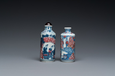 Two Chinese blue, white and copper-red snuff bottles, Yongzheng mark, 19th C.