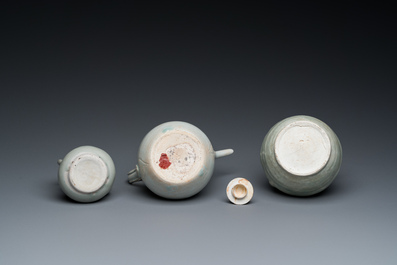 Three Chinese celadon- and qingbai-glazed jugs, Song and later