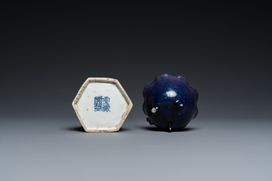 A Chinese yellow-glazed biscuit brush washer and an aubergine-glazed water dropper, Kangxi
