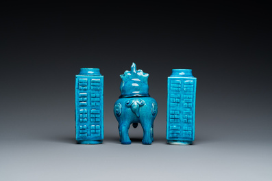 A pair of Chinese monochrome turquoise-glazed 'cong' vases and a 'luduan' censer, 19/20th C.