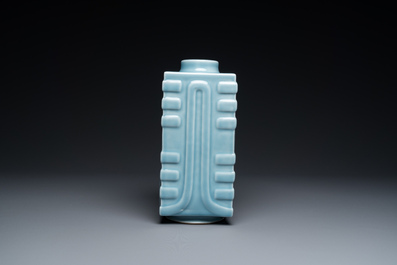 A Chinese monochrome clair de lune-glazed 'cong' vase, Qianlong mark, 20th C.