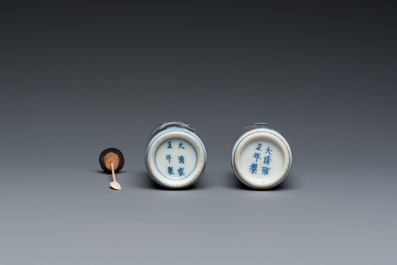 Two Chinese blue, white and copper-red snuff bottles, Yongzheng mark, 19th C.