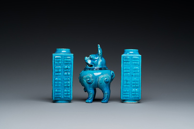 A pair of Chinese monochrome turquoise-glazed 'cong' vases and a 'luduan' censer, 19/20th C.