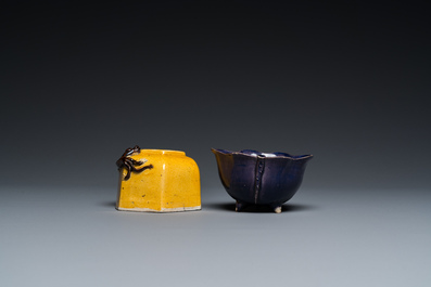 A Chinese yellow-glazed biscuit brush washer and an aubergine-glazed water dropper, Kangxi