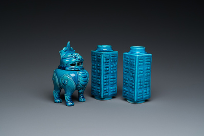 A pair of Chinese monochrome turquoise-glazed 'cong' vases and a 'luduan' censer, 19/20th C.