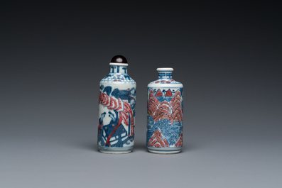 Two Chinese blue, white and copper-red snuff bottles, Yongzheng mark, 19th C.