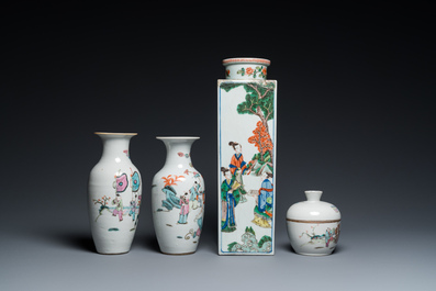 Un vase de forme carr&eacute;e en porcelaine de Chine famille verte, deux vases et un bol couvert en famille rose, 19&egrave;me