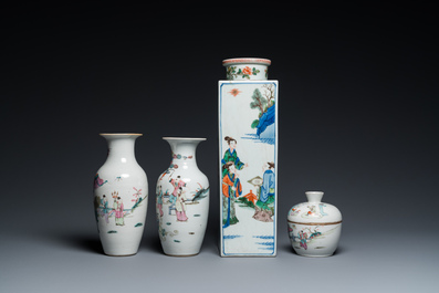 A square Chinese famille verte vase, two famille rose vases and a covered bowl, 19th C.