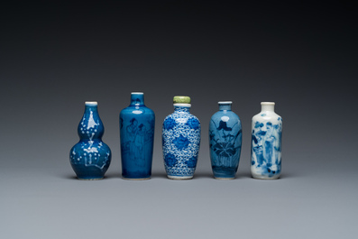 Five Chinese blue and white snuff bottles, 19th C.