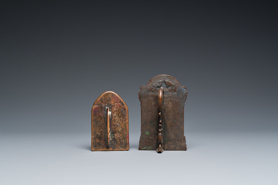 A bronze mortar, a censer and two pax of which one gilded, Western Europe, 16/17th C.