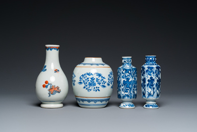 Three Chinese blue and white vases and an Imari-style vase, Kangxi