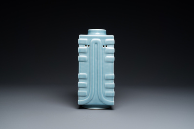 A Chinese monochrome clair de lune-glazed 'cong' vase, Qianlong mark, 20th C.
