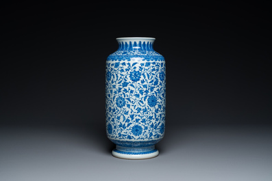 A Chinese blue and white Ming-style 'lotus scroll' vase, Qianlong mark but probably later