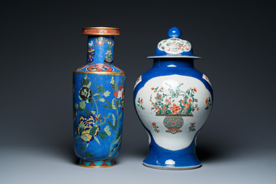 A Chinese famille verte powder-blue-ground vase and a cloisonn&eacute; rouleau vase, 19th C.