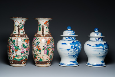 A pair of Chinese blue and white covered vases and a pair of Nanking famille rose vases, 19th C.