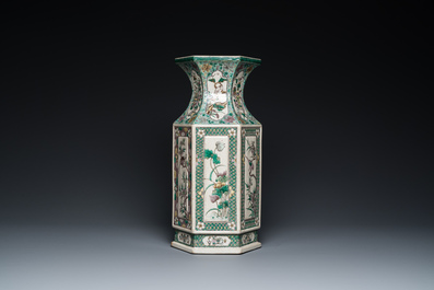 A Chinese hexagonal verte biscuit vase, 19th C.