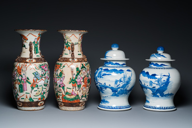 A pair of Chinese blue and white covered vases and a pair of Nanking famille rose vases, 19th C.