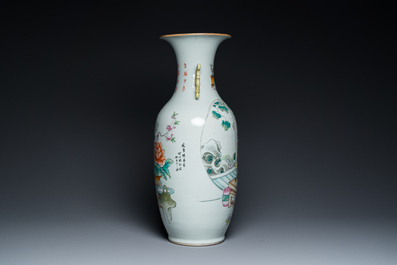 A Chinese famille rose 'scholars' vase with two-sided design, signed Cai Yun Xuan 彩雲軒, dated 1919