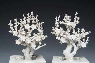 Paire d'arbres aux oiseaux en porcelaine blanche de Dehua, Chine, Kangxi