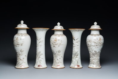 A Chinese grisaille garniture of five 'landscape' vases, Yongzheng